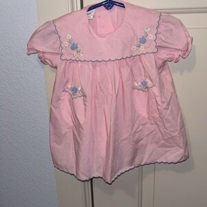 Vintage Pink Baby Dress Embroidered tulips scalloped edges 12 months